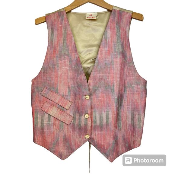 Vintage Linen Vest Pastel Aztec Small Western Button Up 90s Pink Retro - Picture 1 of 7